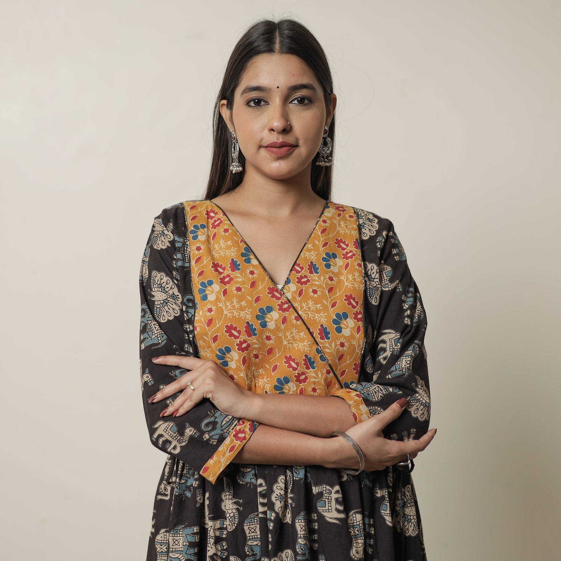 Black - Kalamkari Printed Cotton Flared Kurta with Patchwork 13