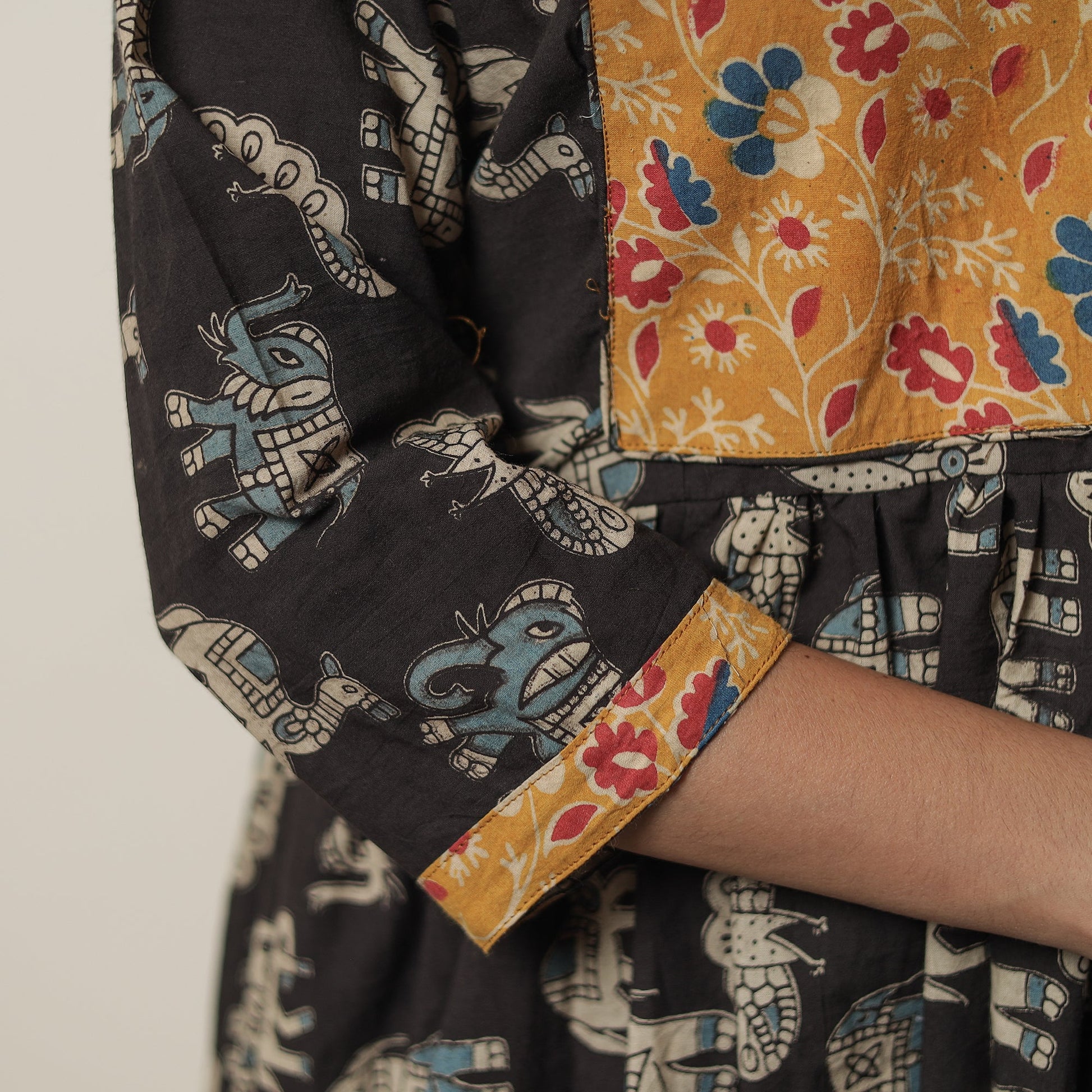 Black - Kalamkari Printed Cotton Flared Kurta with Patchwork 13