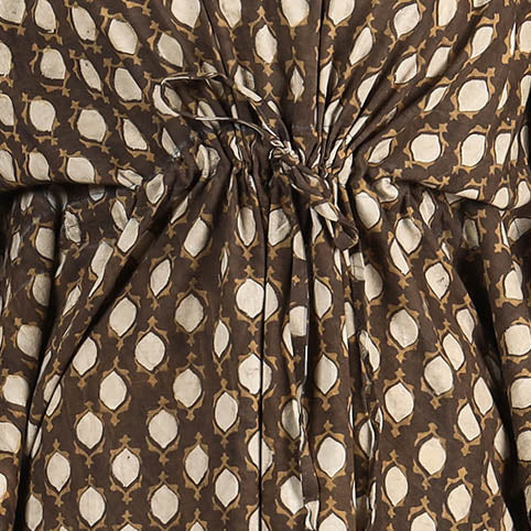 Brown - Akola Block Printed Cotton Kaftan with Tie-Up Waist (Long)