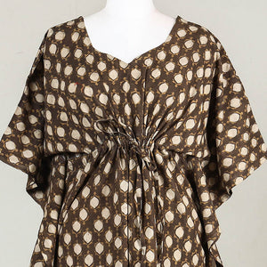 Brown - Akola Block Printed Cotton Kaftan with Tie-Up Waist (Long)