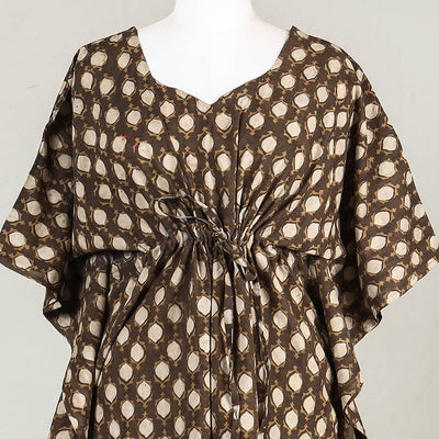 Brown - Akola Block Printed Cotton Kaftan with Tie-Up Waist (Long)
