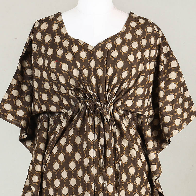 Brown - Akola Block Printed Cotton Kaftan with Tie-Up Waist (Long)