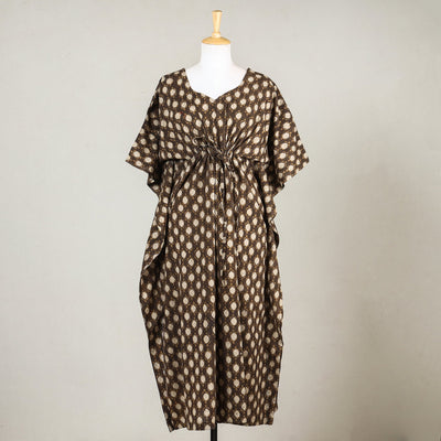Brown - Akola Block Printed Cotton Kaftan with Tie-Up Waist (Long)