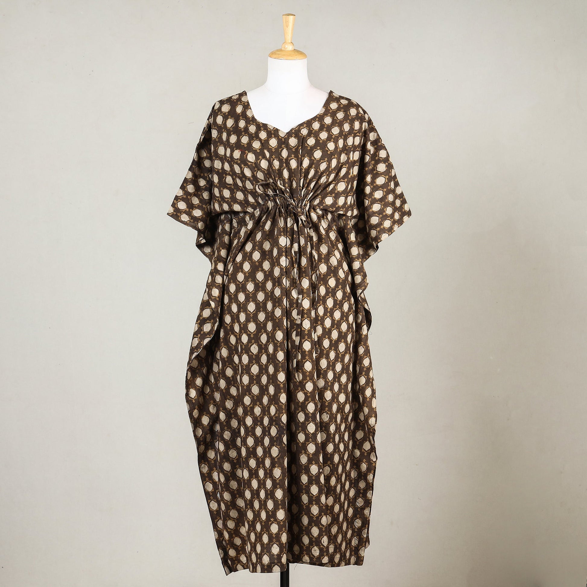 Brown - Akola Block Printed Cotton Kaftan with Tie-Up Waist (Long)