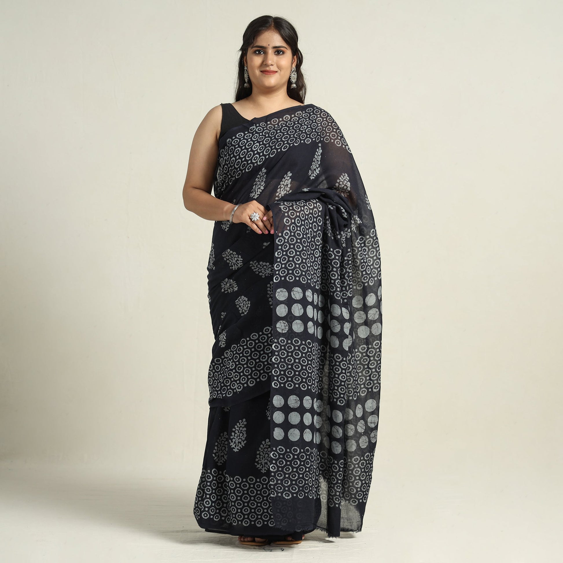 Black - Mul Cotton Hand Batik Print Saree
