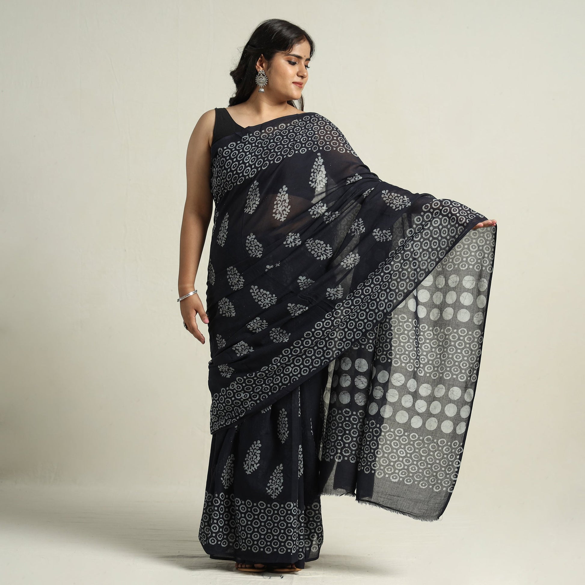 Black - Mul Cotton Hand Batik Print Saree