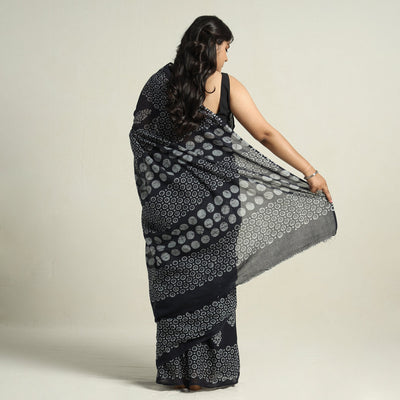 Black - Mul Cotton Hand Batik Print Saree