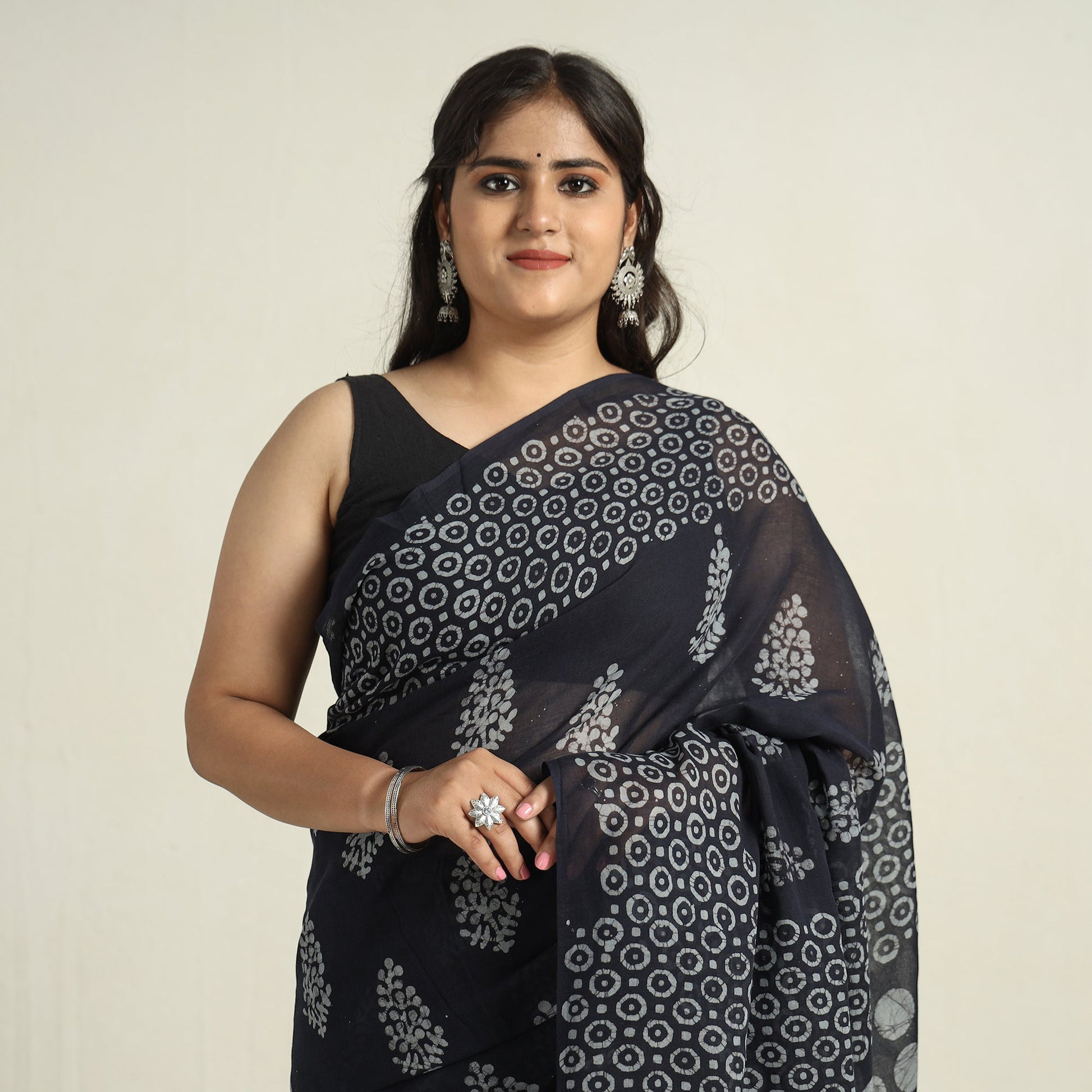 Black - Mul Cotton Hand Batik Print Saree
