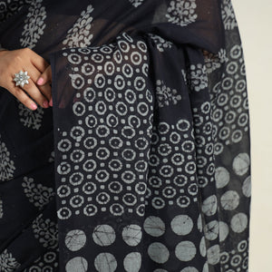 Black - Mul Cotton Hand Batik Print Saree