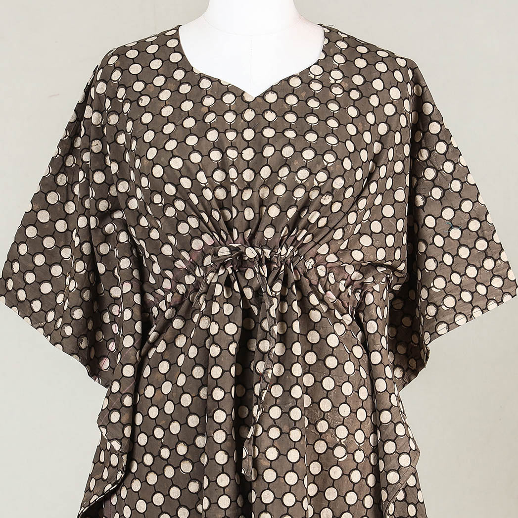Brown - Akola Block Printed Cotton Kaftan with Tie-Up Waist (Medium)