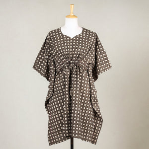 Brown - Akola Block Printed Cotton Kaftan with Tie-Up Waist (Medium)