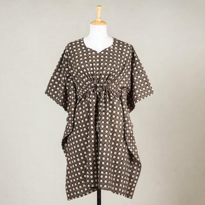 Brown - Akola Block Printed Cotton Kaftan with Tie-Up Waist (Medium)