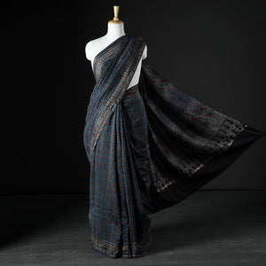 Blue - Ajrakh Block Printing Natural Dyed Chanderi Silk Zari Border Saree