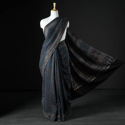 Blue - Ajrakh Block Printing Natural Dyed Chanderi Silk Zari Border Saree