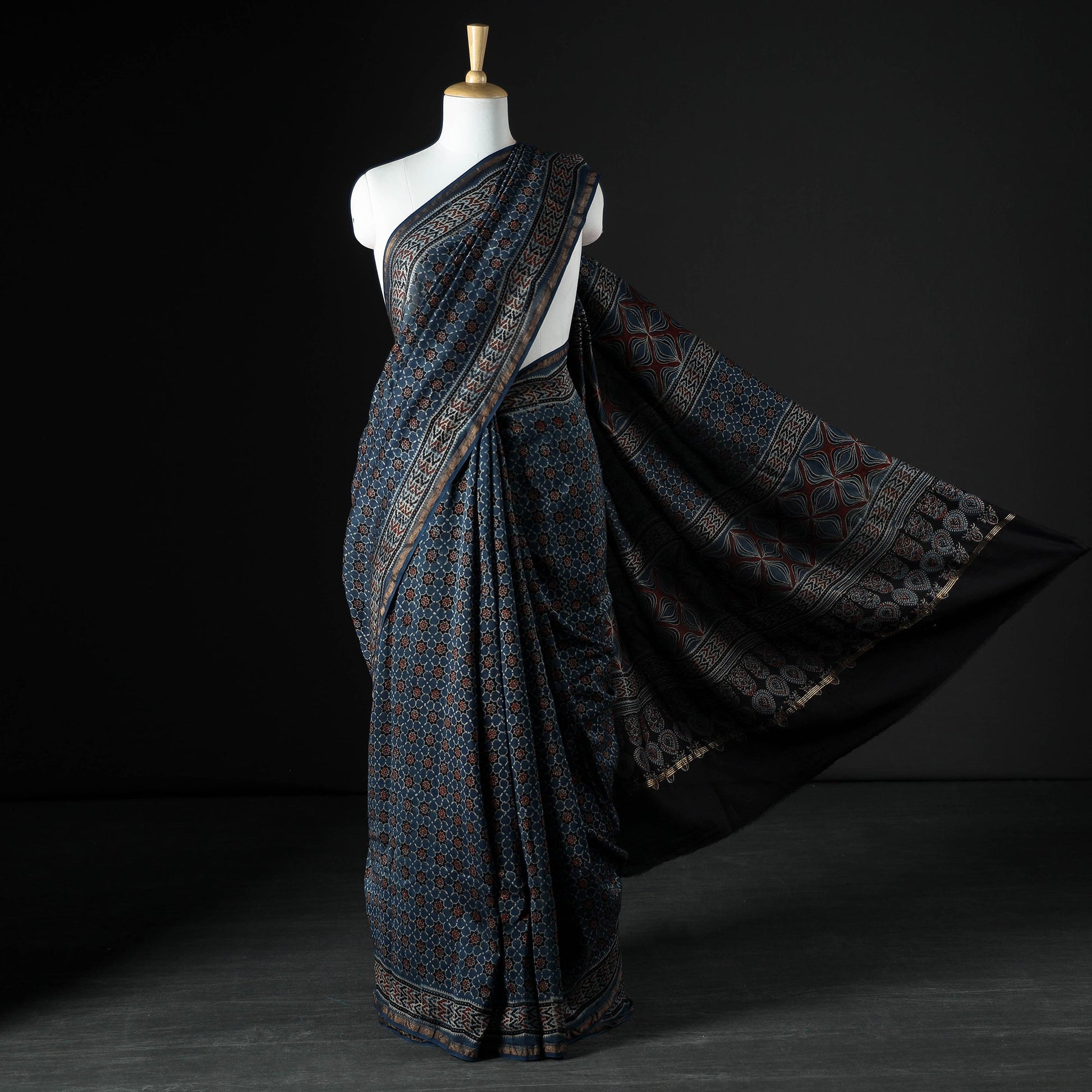 Blue - Ajrakh Block Printing Natural Dyed Chanderi Silk Zari Border Saree
