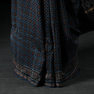 Blue - Ajrakh Block Printing Natural Dyed Chanderi Silk Zari Border Saree