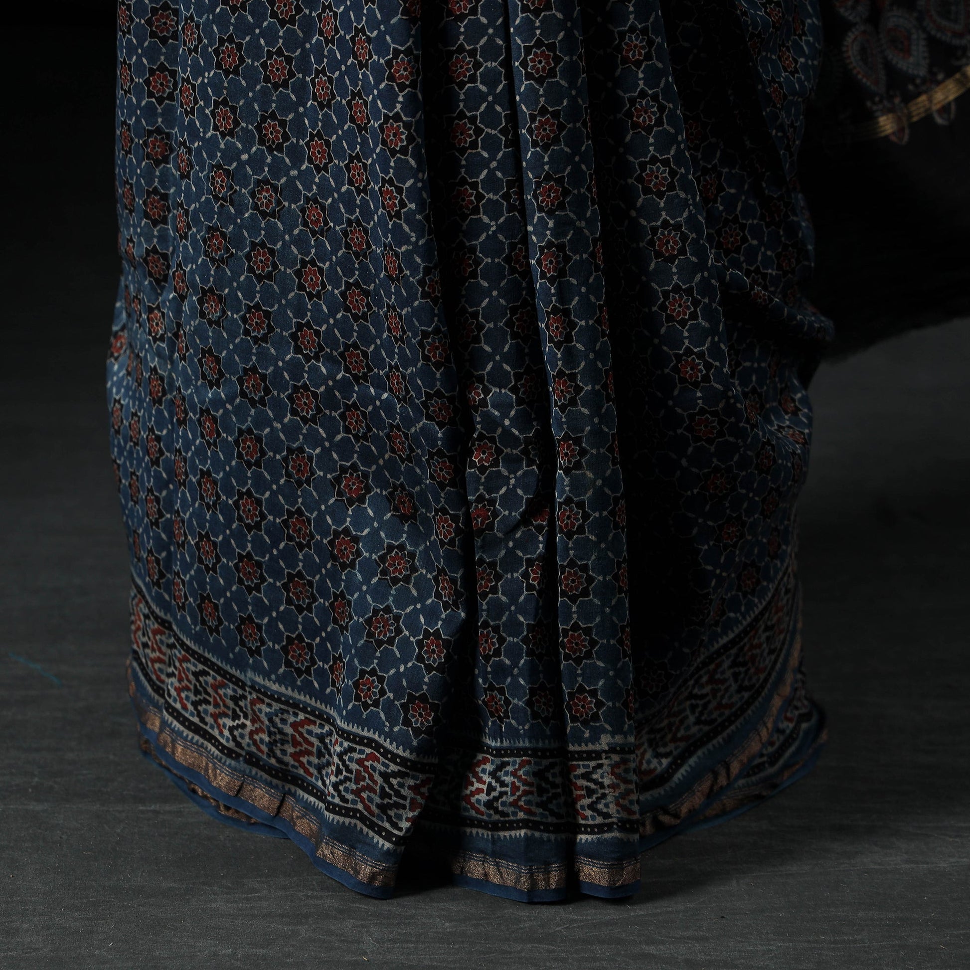 Blue - Ajrakh Block Printing Natural Dyed Chanderi Silk Zari Border Saree