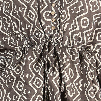 Brown - Akola Block Printed Cotton Kaftan with Tie-Up Waist (Short)