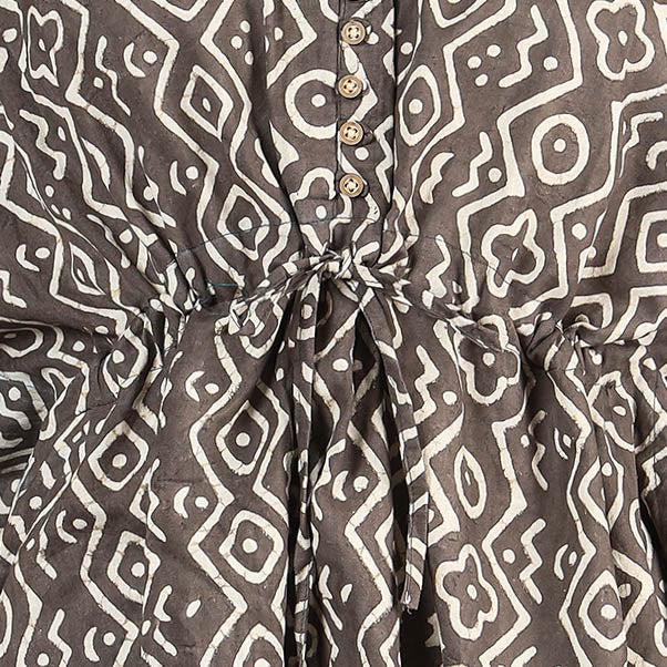 Brown - Akola Block Printed Cotton Kaftan with Tie-Up Waist (Short)