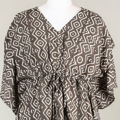 Brown - Akola Block Printed Cotton Kaftan with Tie-Up Waist (Short)