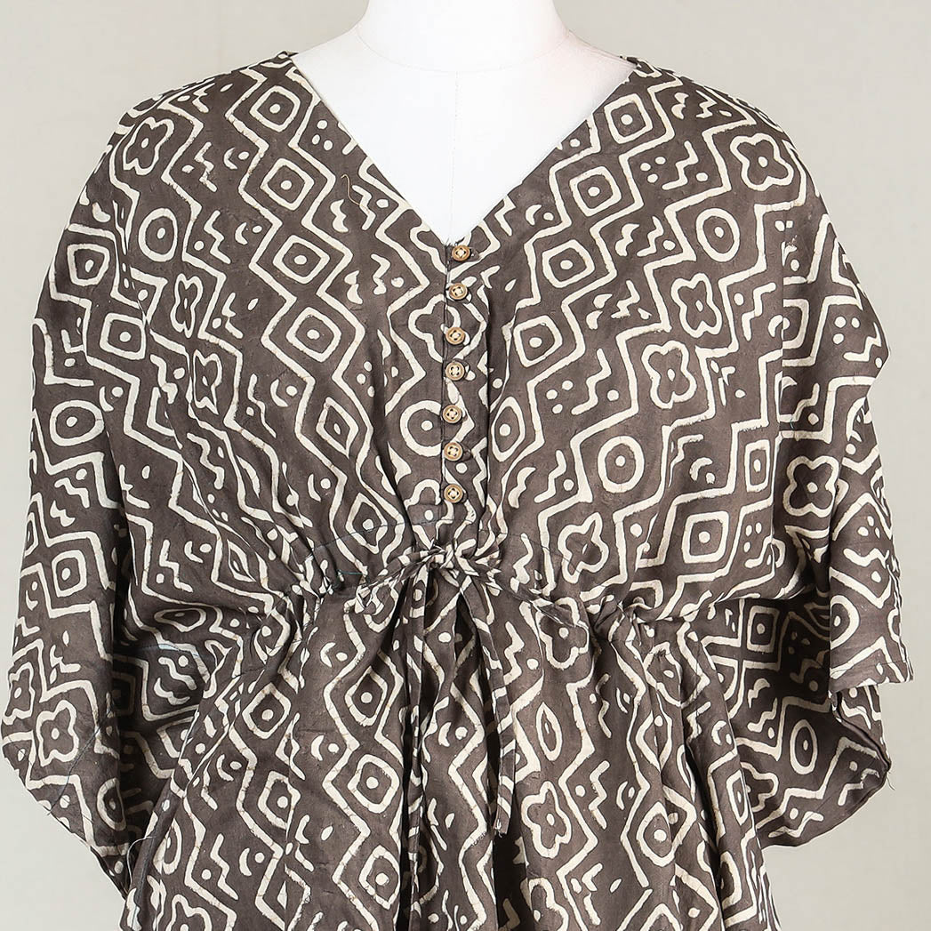 Brown - Akola Block Printed Cotton Kaftan with Tie-Up Waist (Short)