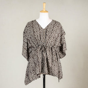 Brown - Akola Block Printed Cotton Kaftan with Tie-Up Waist (Short)