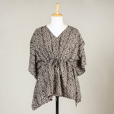 Brown - Akola Block Printed Cotton Kaftan with Tie-Up Waist (Short)