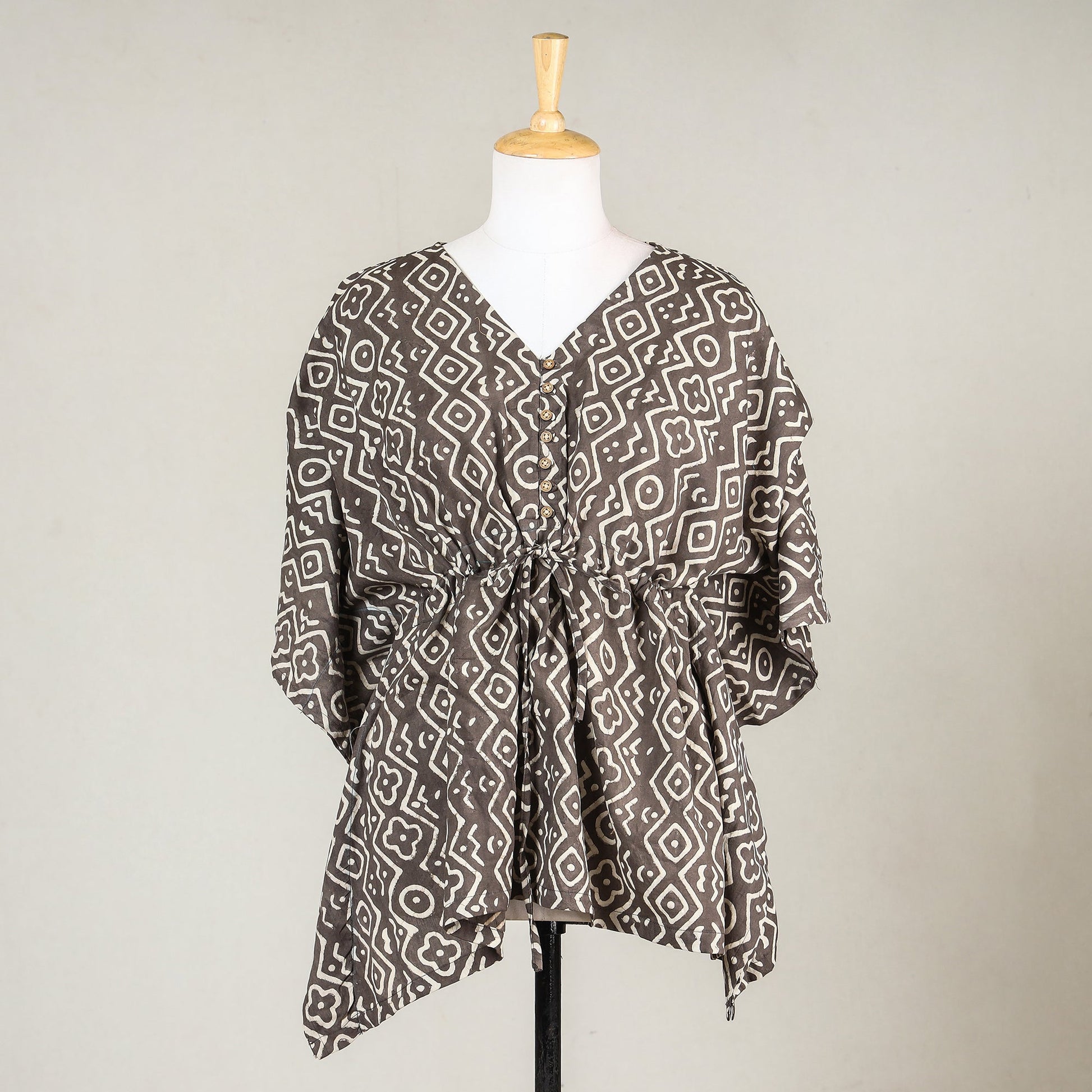 Brown - Akola Block Printed Cotton Kaftan with Tie-Up Waist (Short)