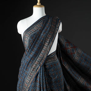 Blue - Ajrakh Block Printing Natural Dyed Chanderi Silk Zari Border Saree