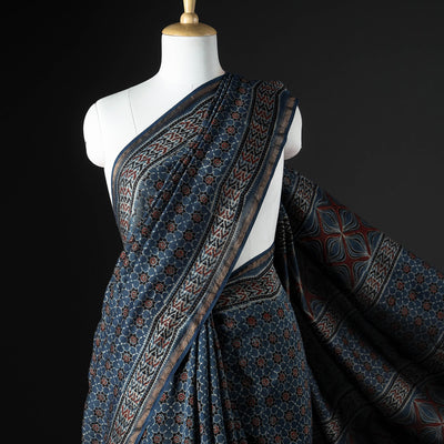 Blue - Ajrakh Block Printing Natural Dyed Chanderi Silk Zari Border Saree