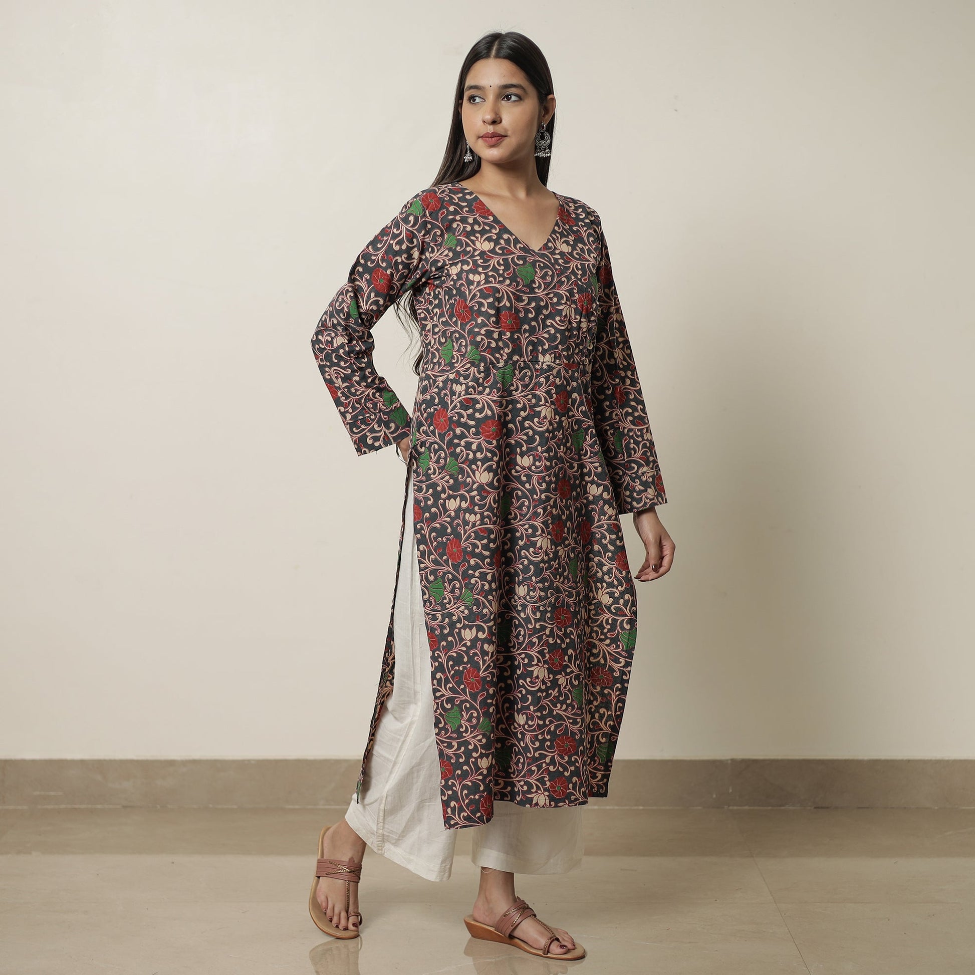 Black - Kalamkari Printed Cotton Straight Kurta 18