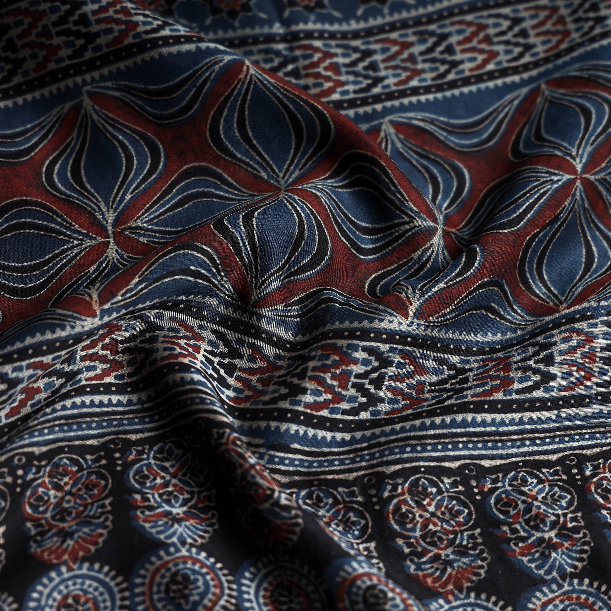 Blue - Ajrakh Block Printing Natural Dyed Chanderi Silk Zari Border Saree