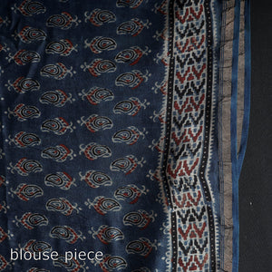 Blue - Ajrakh Block Printing Natural Dyed Chanderi Silk Zari Border Saree