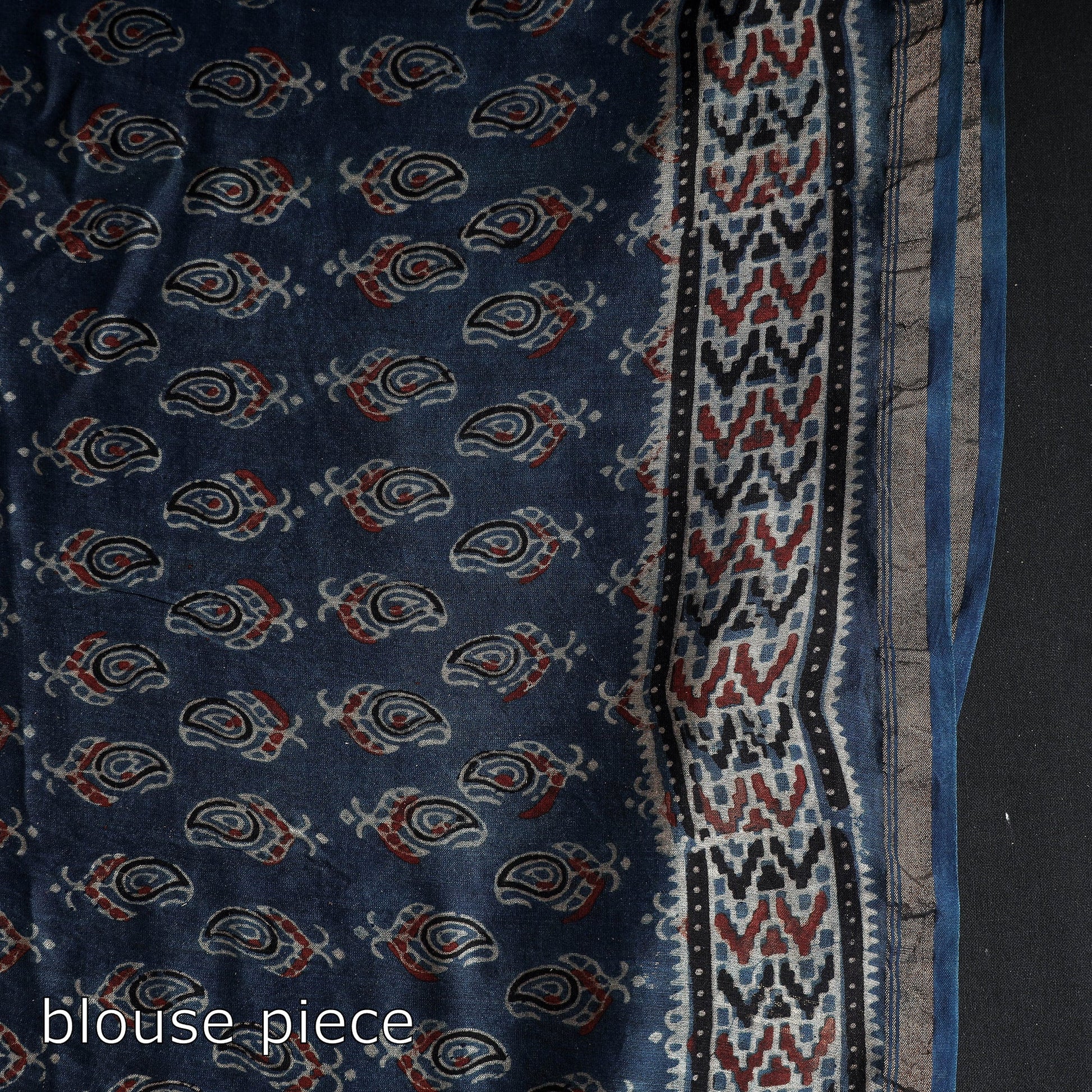 Blue - Ajrakh Block Printing Natural Dyed Chanderi Silk Zari Border Saree