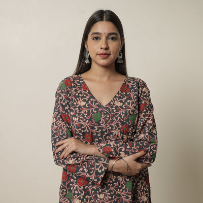Black - Kalamkari Printed Cotton Straight Kurta 18