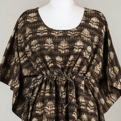 Brown - Akola Block Printed Cotton Kaftan with Tie-Up Waist (Short)
