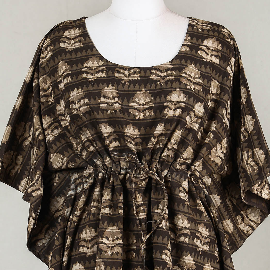 Brown - Akola Block Printed Cotton Kaftan with Tie-Up Waist (Short)