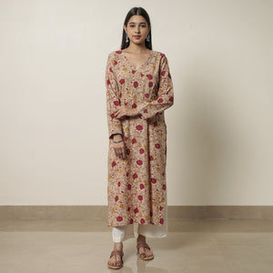 Beige - Kalamkari Printed Cotton Straight Kurta 17