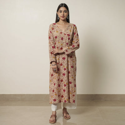 Beige - Kalamkari Printed Cotton Straight Kurta 17