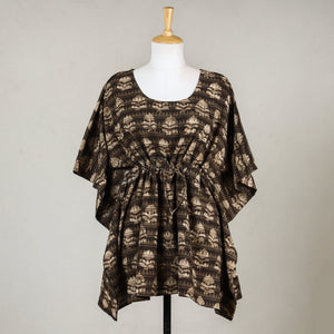 Brown - Akola Block Printed Cotton Kaftan with Tie-Up Waist (Short)