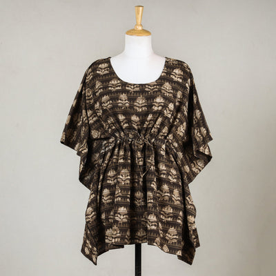 Brown - Akola Block Printed Cotton Kaftan with Tie-Up Waist (Short)