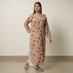 Beige - Kalamkari Printed Cotton Straight Kurta 17