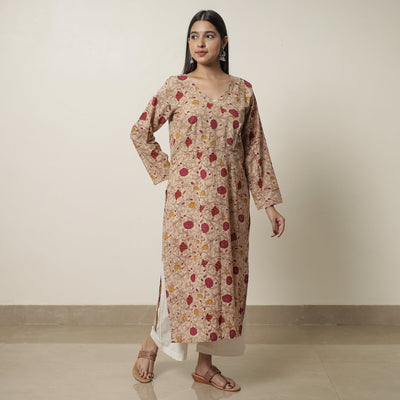 Beige - Kalamkari Printed Cotton Straight Kurta 17