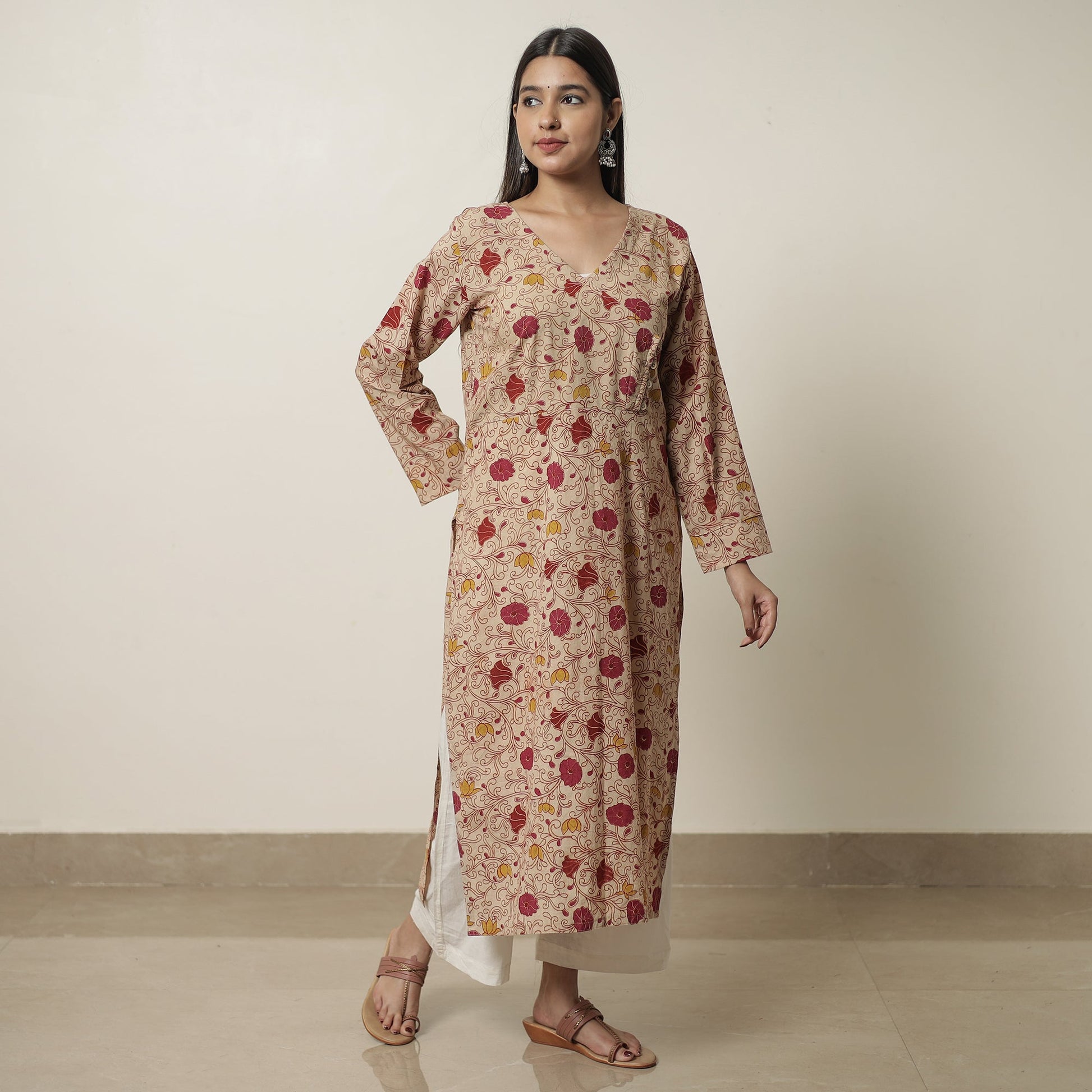 Beige - Kalamkari Printed Cotton Straight Kurta 17