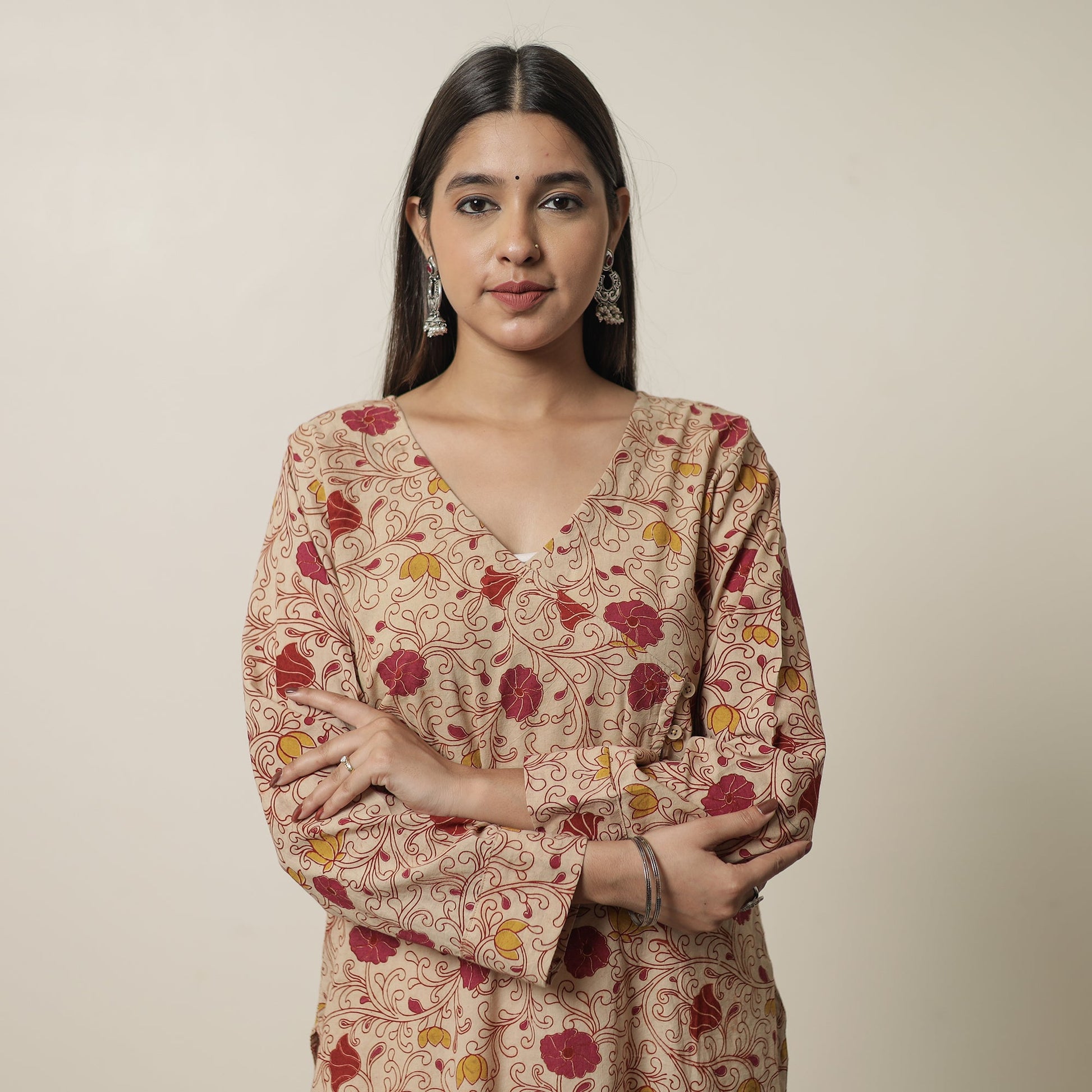 Beige - Kalamkari Printed Cotton Straight Kurta 17