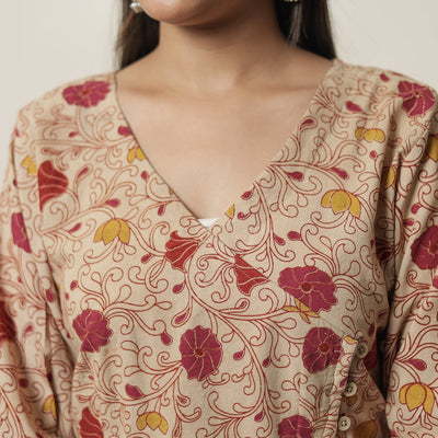 Beige - Kalamkari Printed Cotton Straight Kurta 17