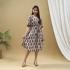 Beige - Block Print Cotton Flared Short Ajrakh Dress 12