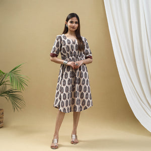 Beige - Block Print Cotton Flared Short Ajrakh Dress 12