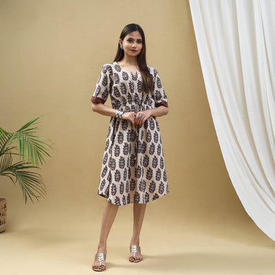 Beige - Block Print Cotton Flared Short Ajrakh Dress 12