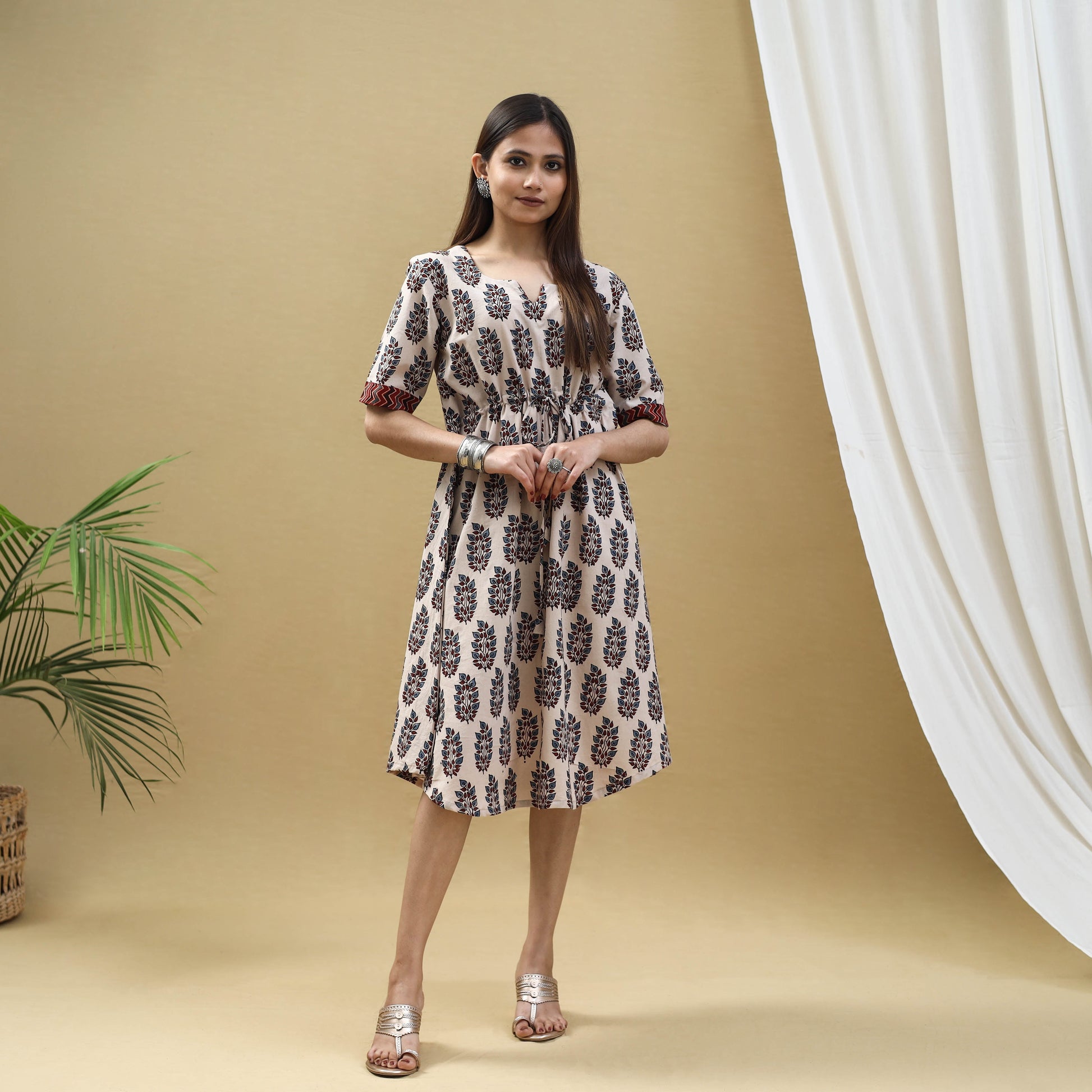 Beige - Block Print Cotton Flared Short Ajrakh Dress 12